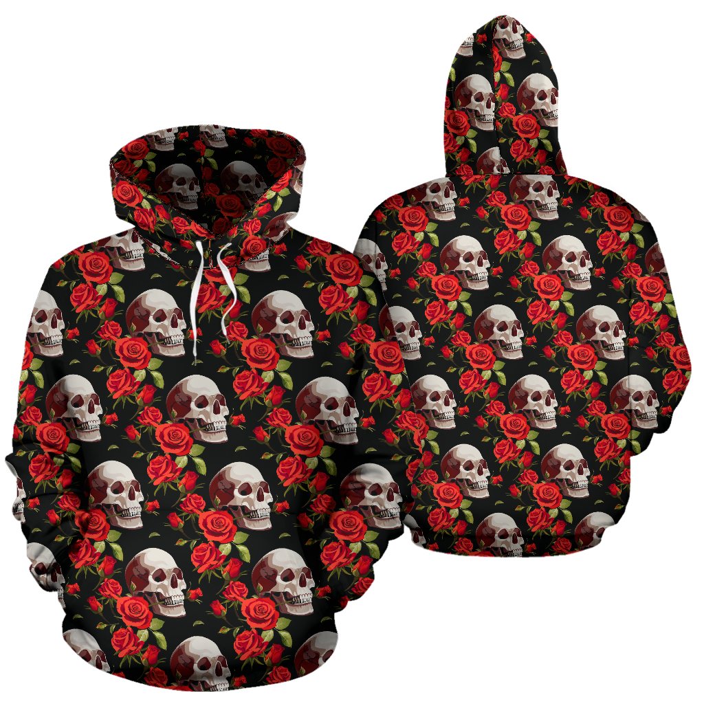 Red Rose Skull Design Print Pullover Hoodie