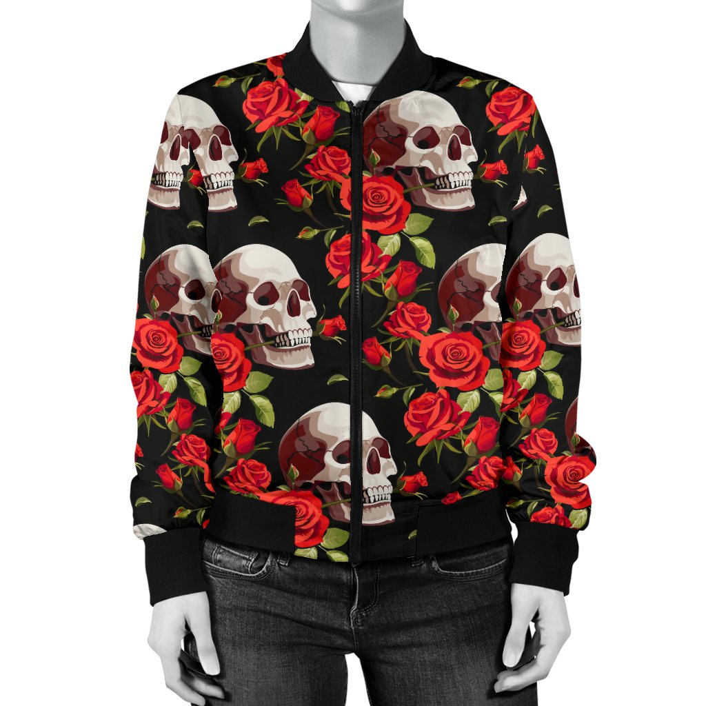 Red Rose Skull Design Print Women Casual Bomber Jacket
