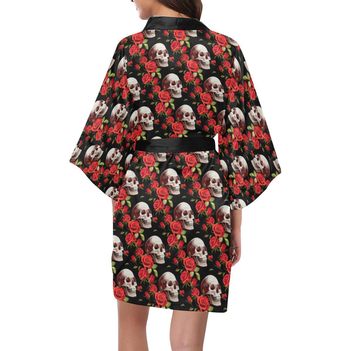 Red Rose Skull Design Print Women Short Kimono Robe