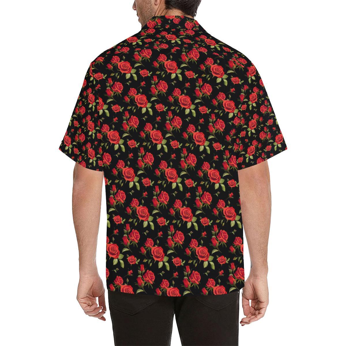 Red Rose Themed Print Men Aloha Hawaiian Shirt