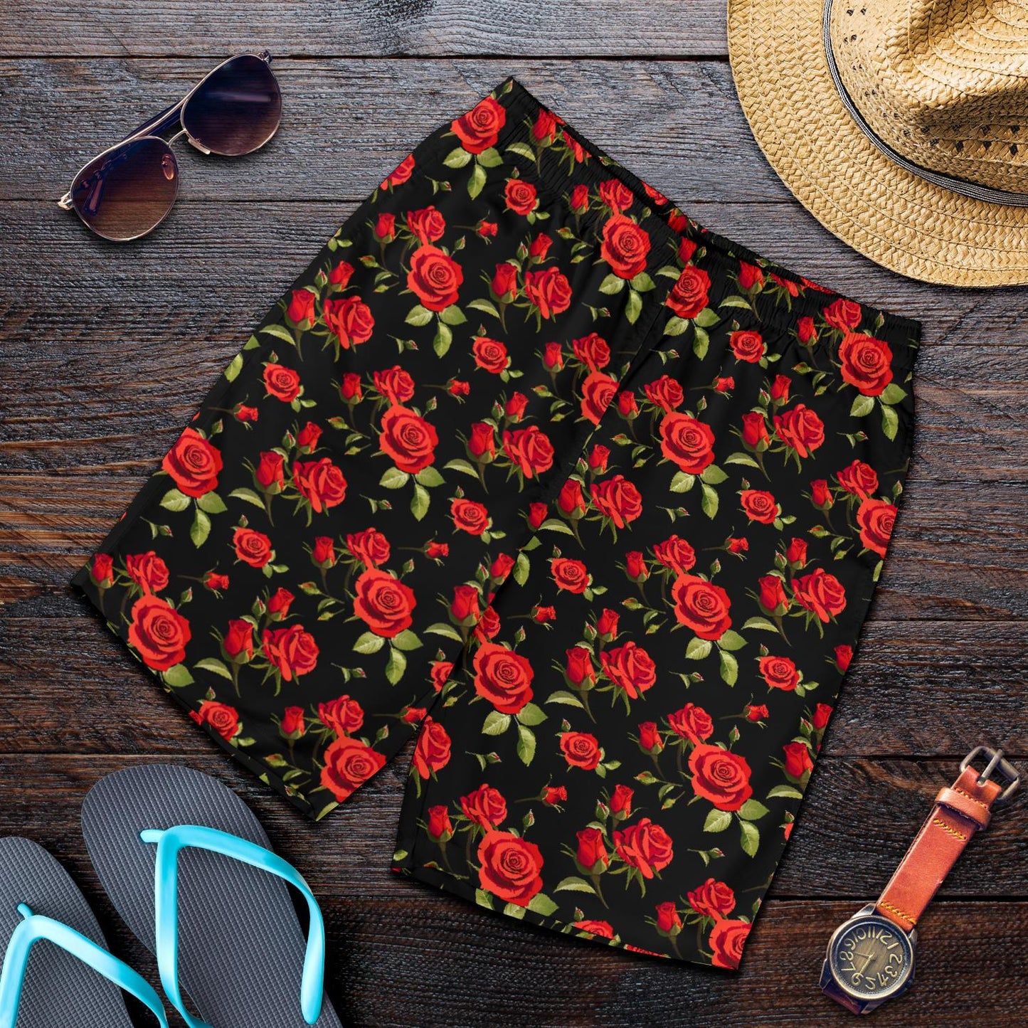 Red Rose Themed Print Mens Shorts-JTAMIGO.COM