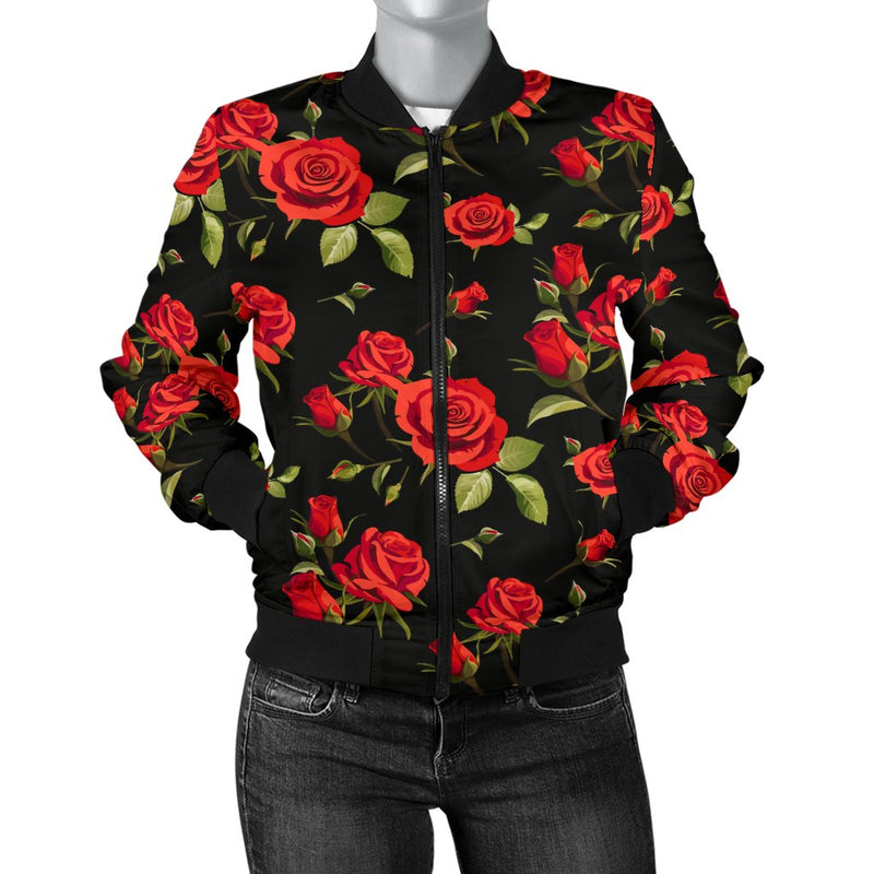 Red Rose Themed Print Women Casual Bomber Jacket