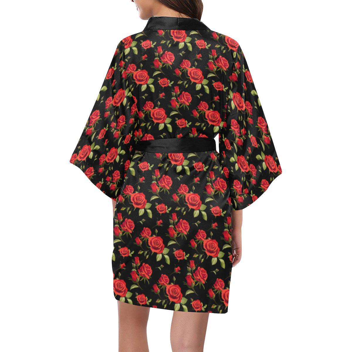 Red Rose Themed Print Women Short Kimono Robe