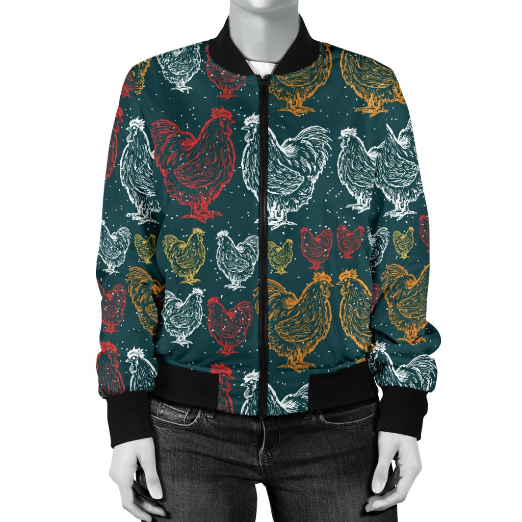 Rooster Hand Draw Design Women Casual Bomber Jacket