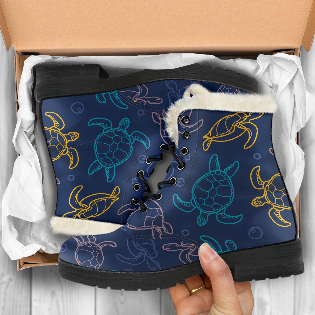 Sea Turtle Baby Print Faux Fur Leather Boots-JTAMIGO.COM