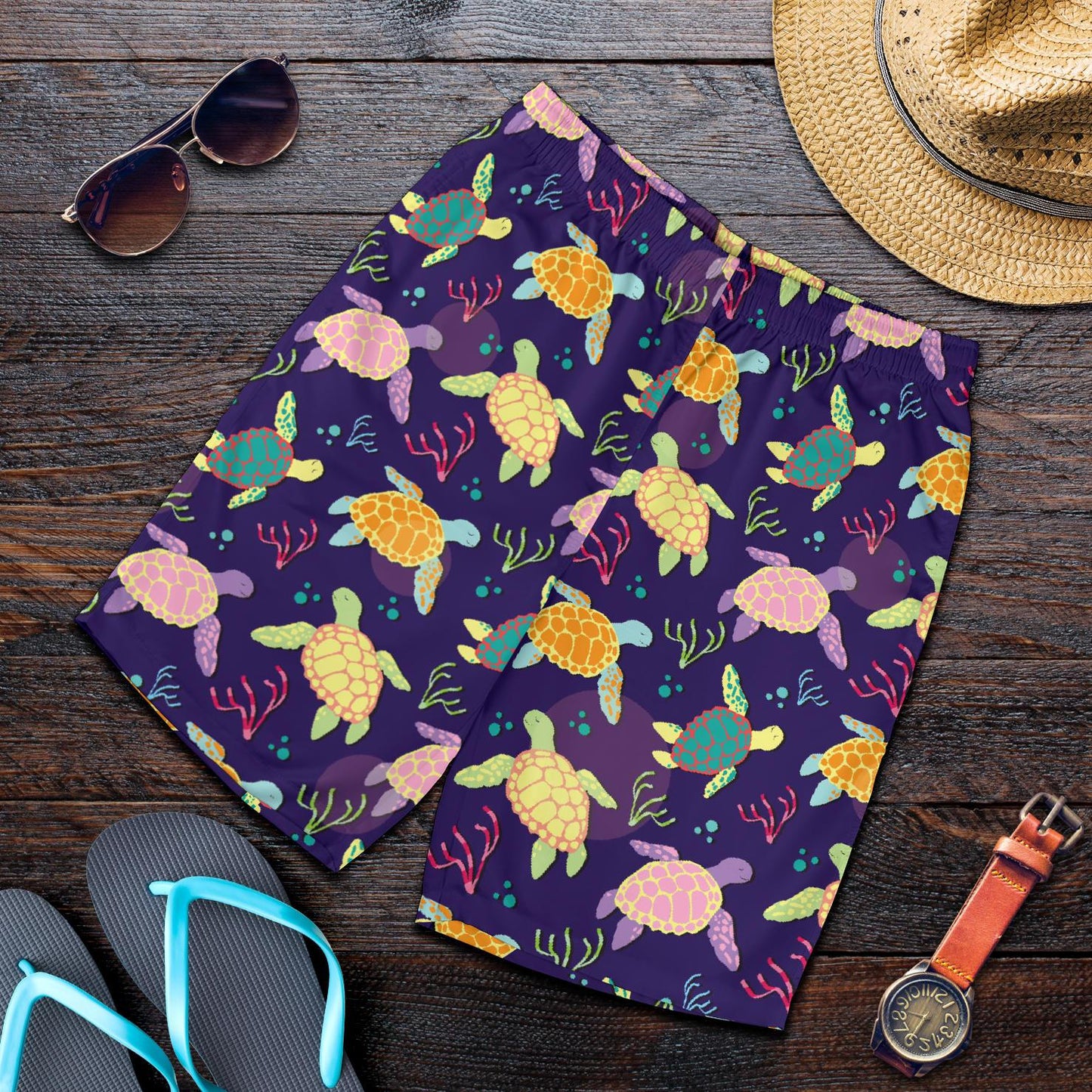 Sea Turtle Color Smile Mens Shorts-JTAMIGO.COM