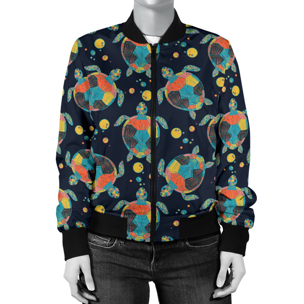 Sea Turtle Colorful With Bubble Print Women Casual Bomber Jacket