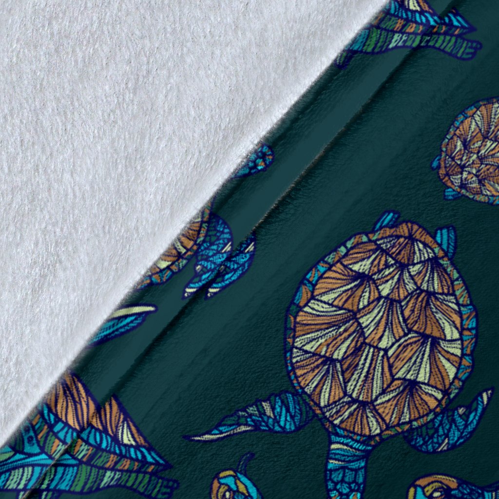 Sea Turtle Hand Drawn Blue Print Fleece Blanket