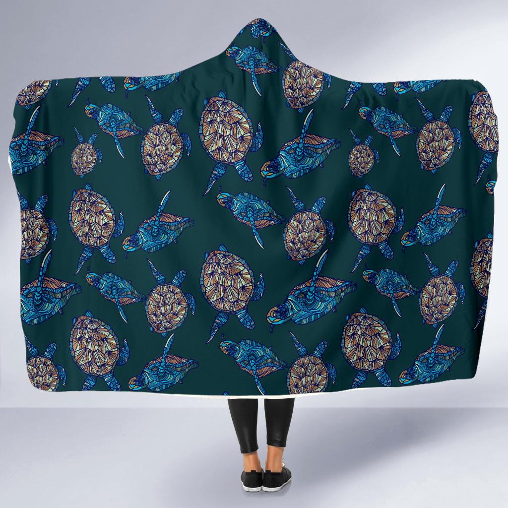 Sea Turtle Hand Drawn Blue Print Hooded Blanket-JTAMIGO.COM