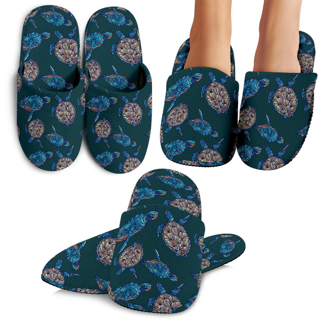 Sea Turtle Hand Drawn Blue Print House Slippers