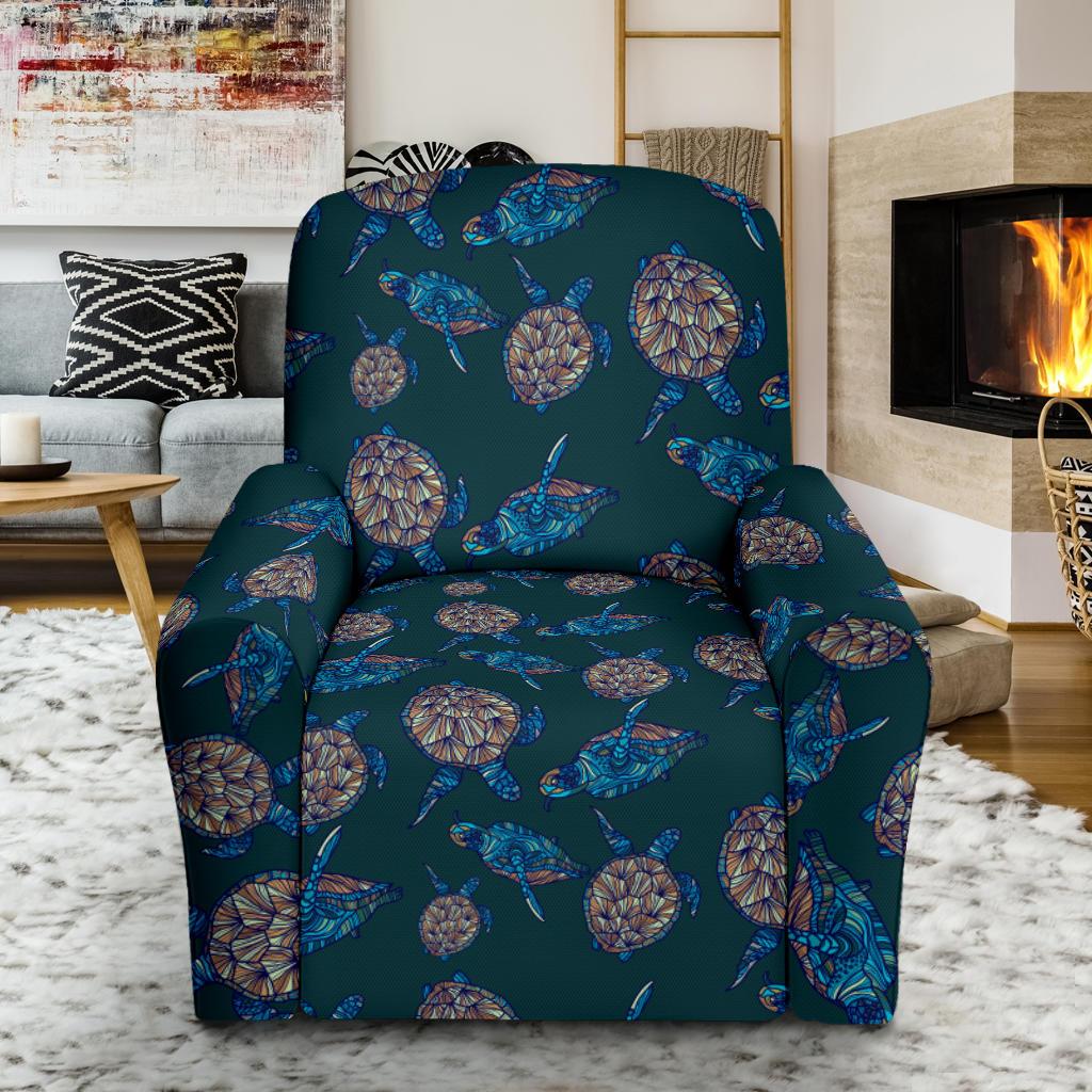 Sea Turtle Hand Drawn Blue Print Single Sofa Slipcover -JTAMIGO.COM
