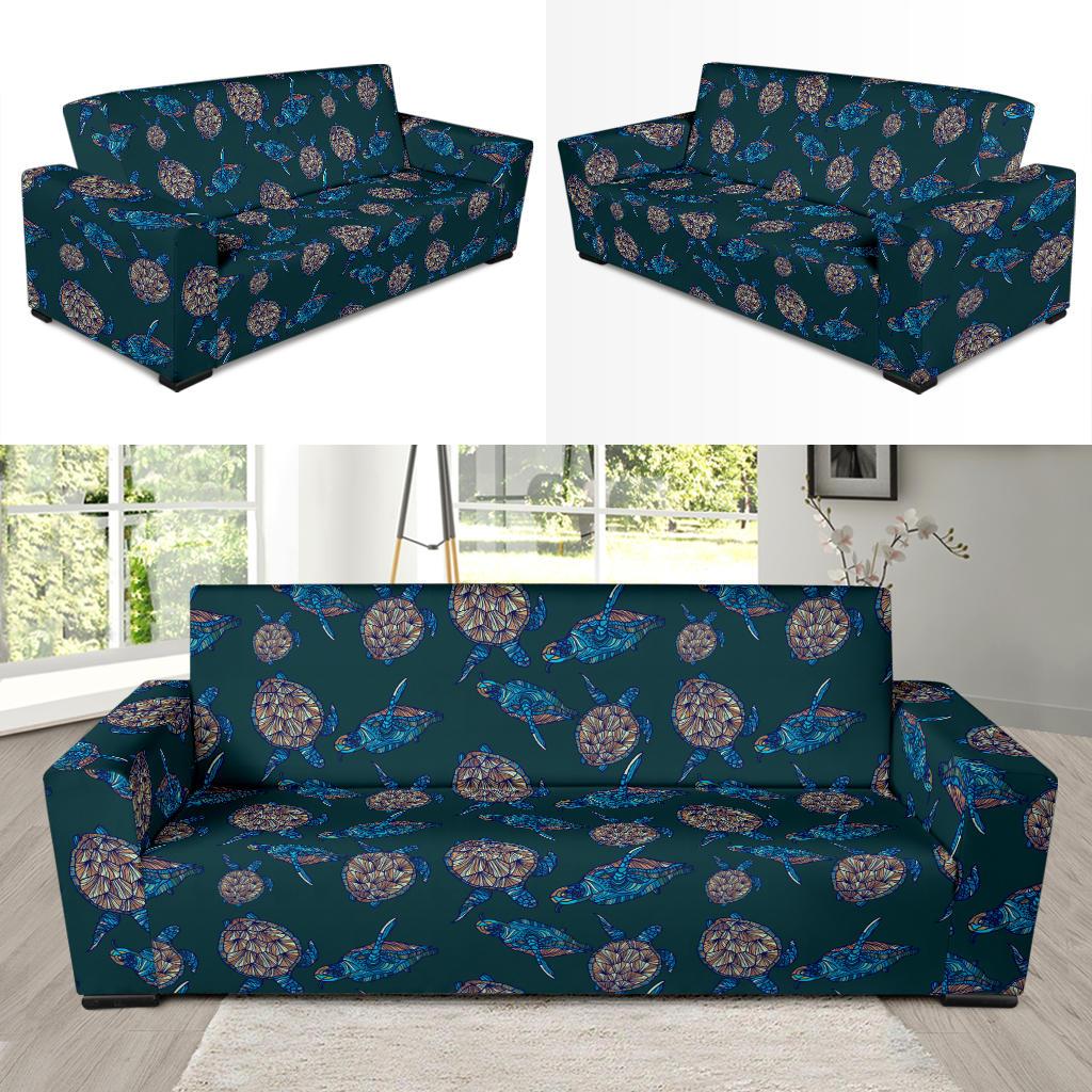 Sea Turtle Hand Drawn Blue Print Sofa Slipcover-JTAMIGO.COM