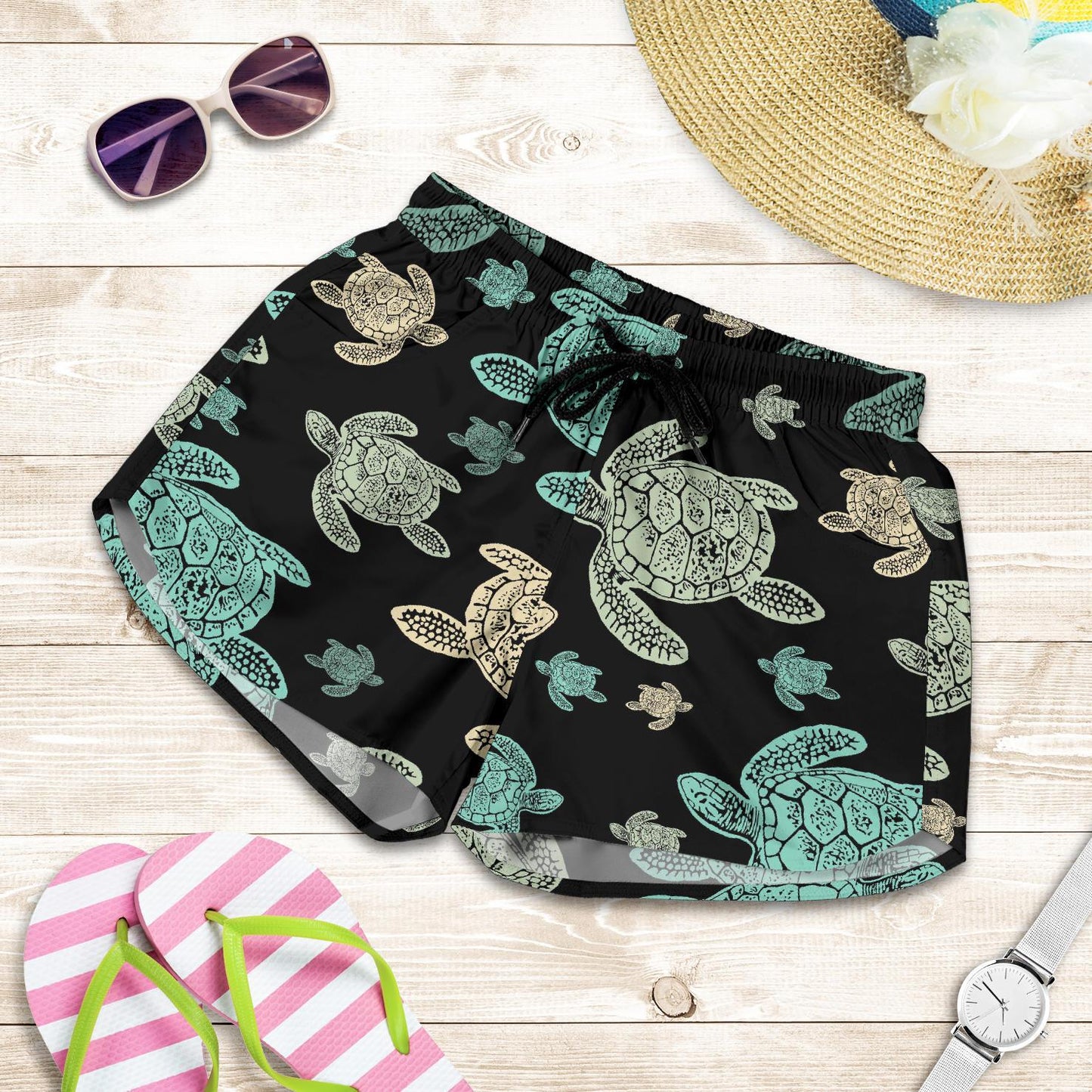 Sea Turtle Stamp Pattern Women Shorts-JTAMIGO.COM