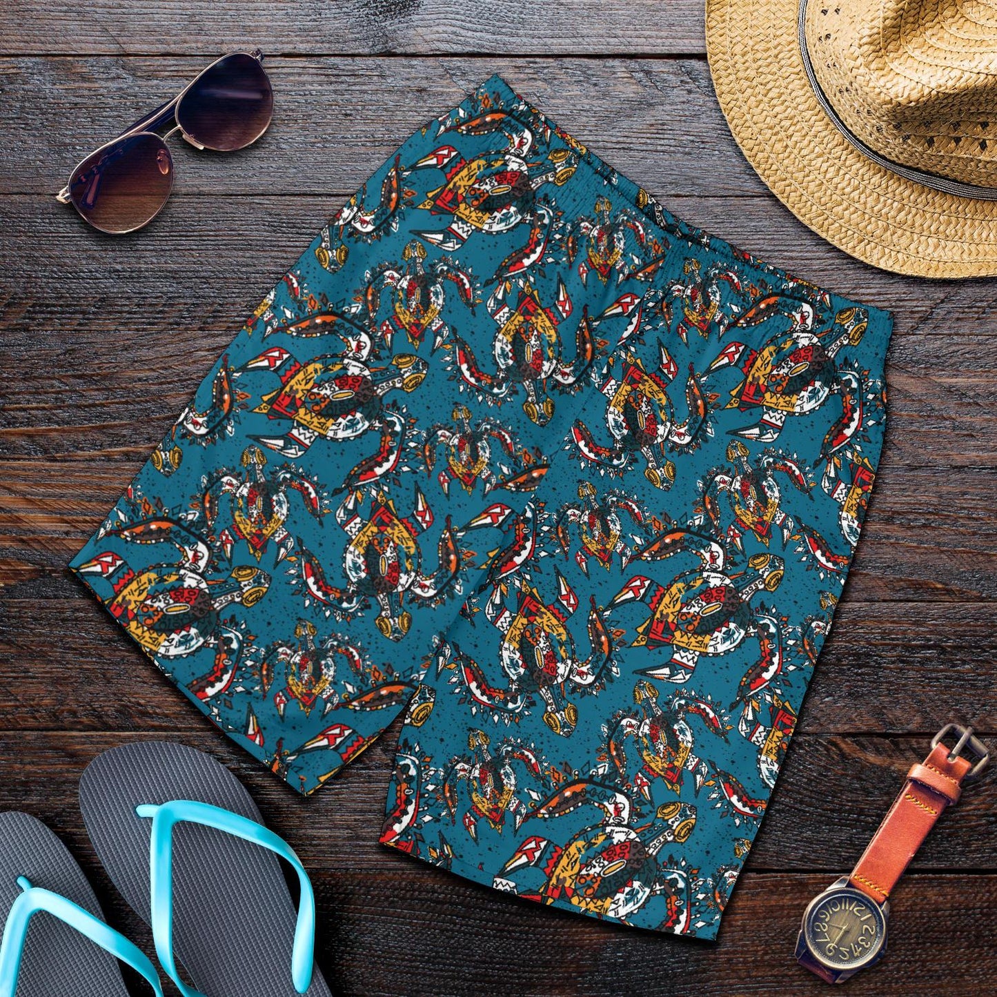 Sea Turtle Tribal Colorful Hand Drawn Mens Shorts-JTAMIGO.COM