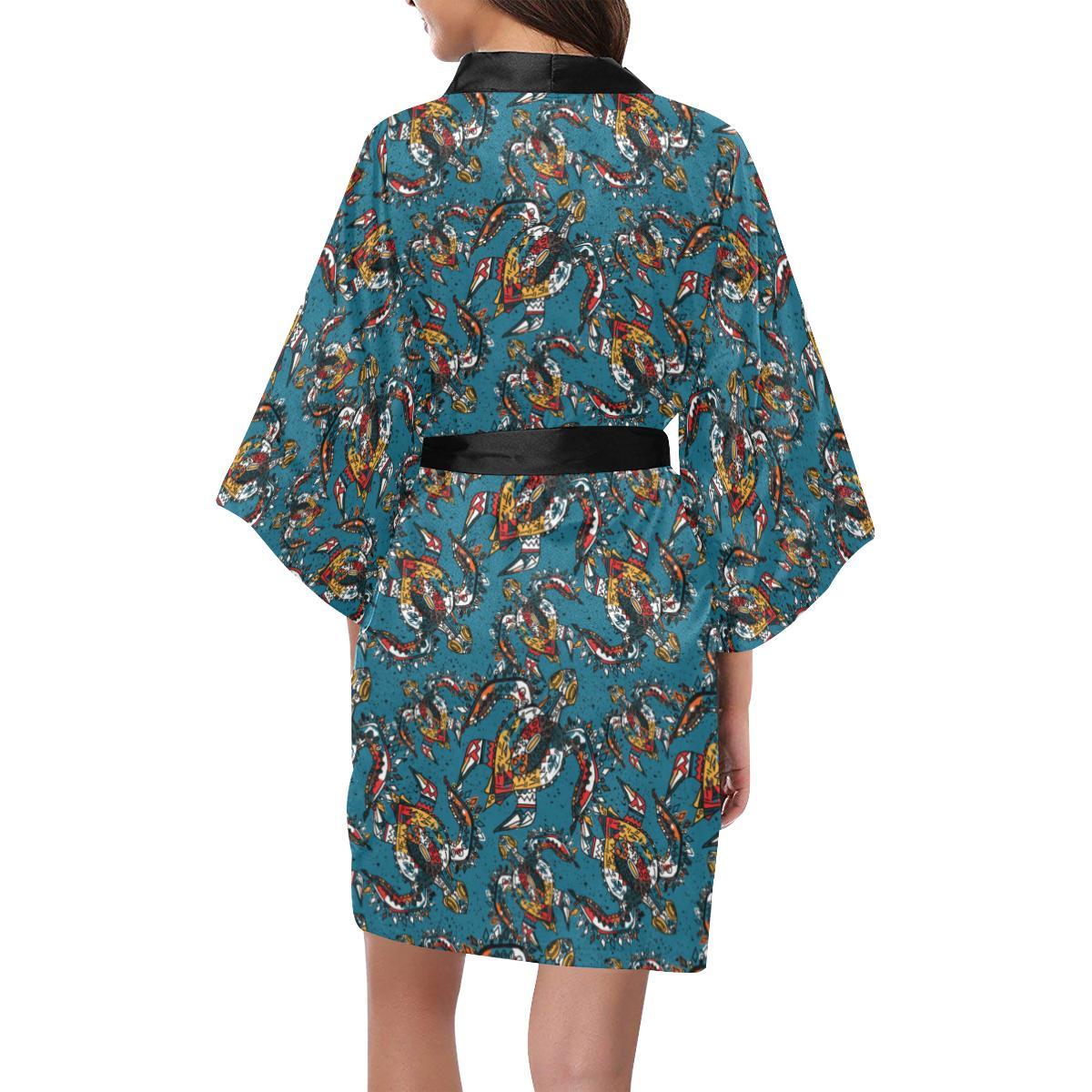 Sea Turtle Tribal Colorful Hand Drawn Women Short Kimono Robe