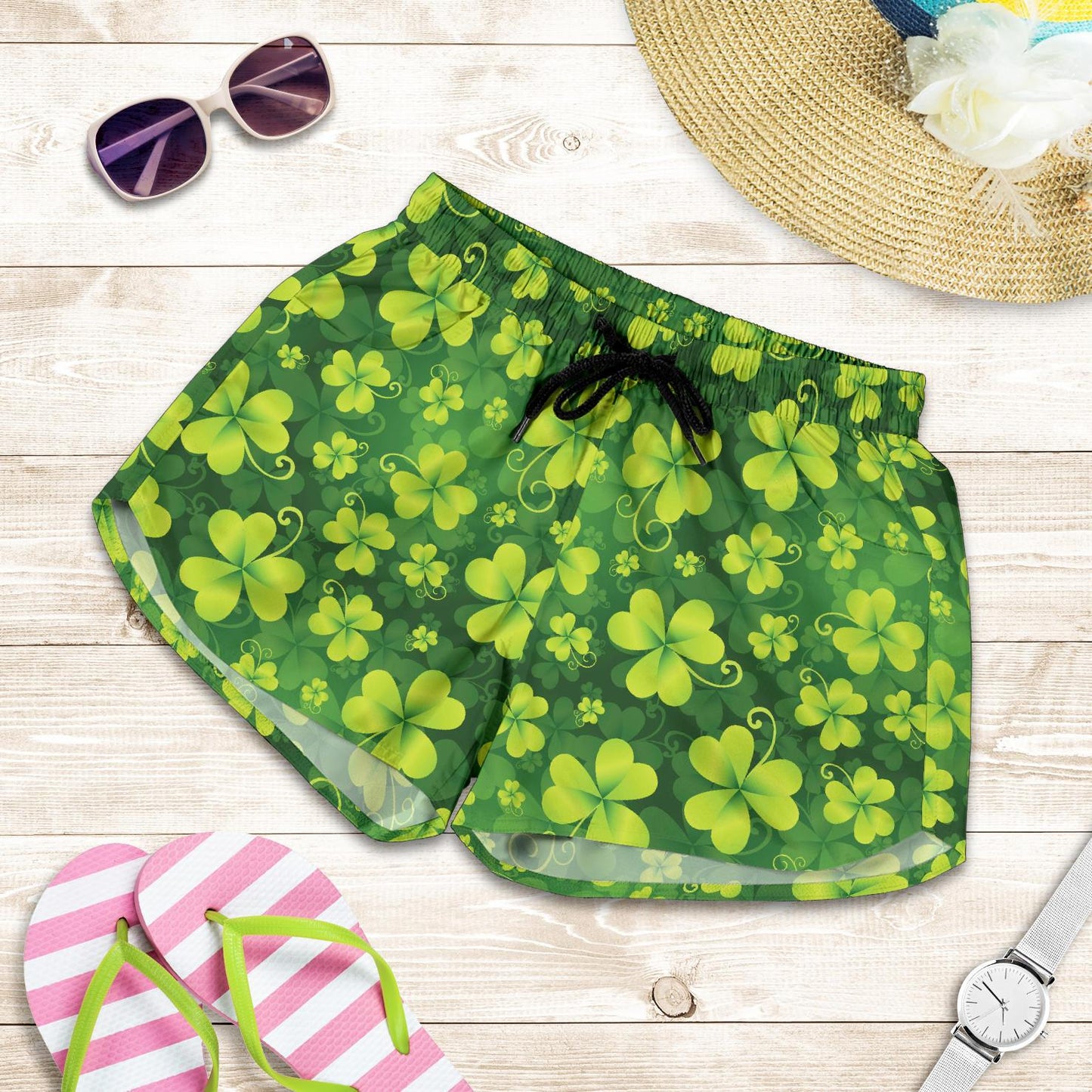 Shamrock Clover Print Women Shorts-JTAMIGO.COM