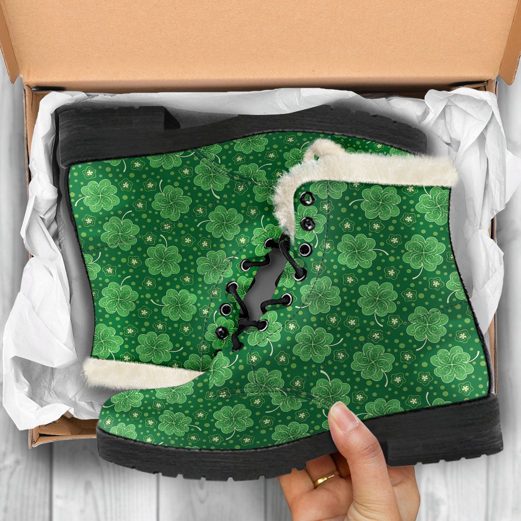 Shamrock Design Print Faux Fur Leather Boots-JTAMIGO.COM