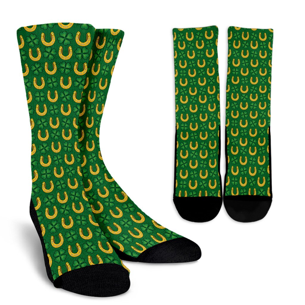 Shamrock Horseshoes Print Pattern Crew Socks
