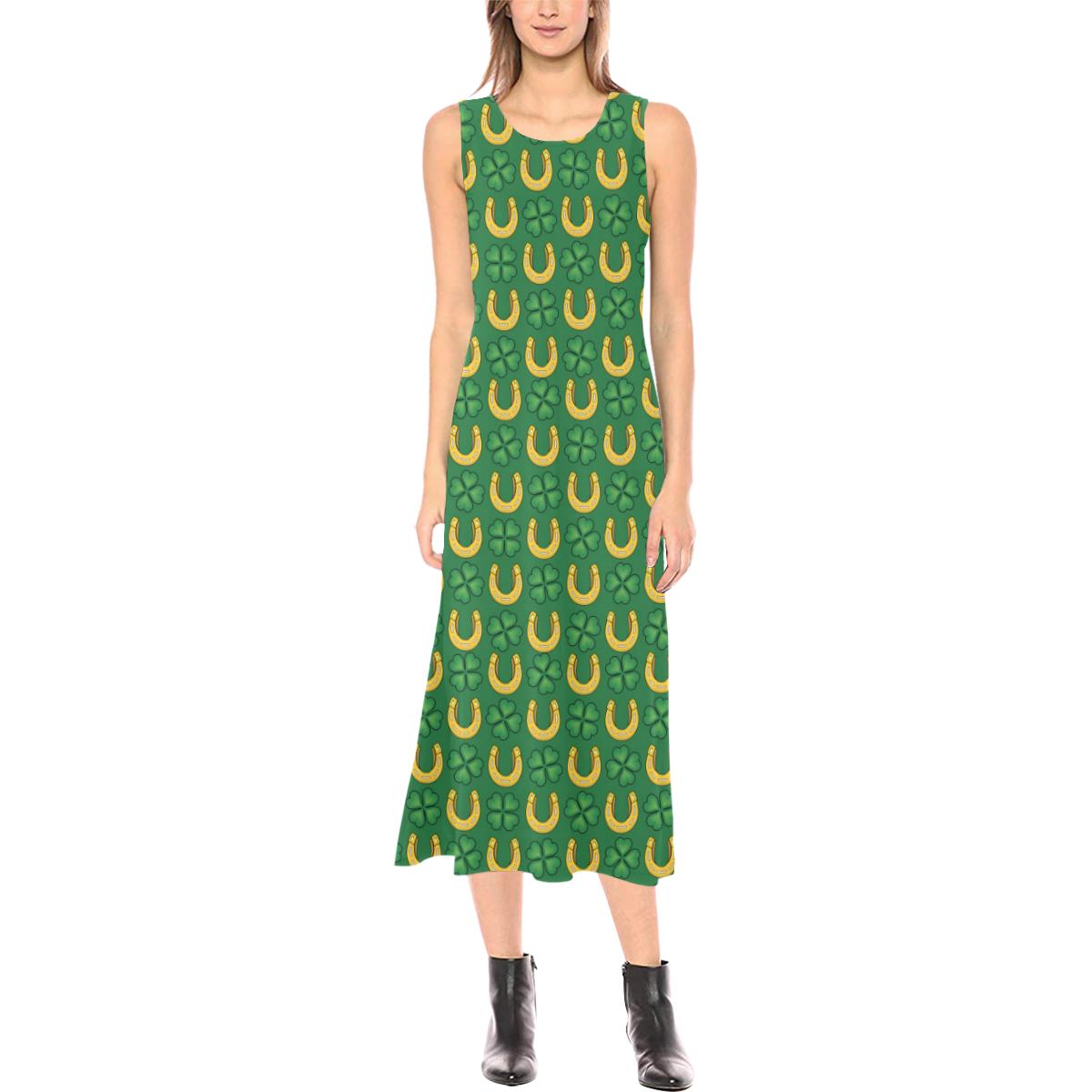 Shamrock Horseshoes Print Pattern Sleeveless Open Fork Long Dress (Model D08)-JTAMIGO.COM