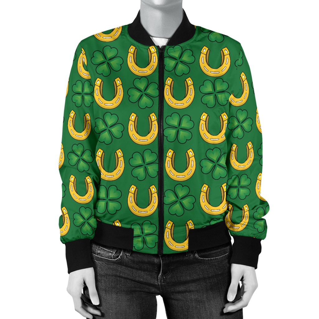 Shamrock Horseshoes Print Pattern Women Casual Bomber Jacket