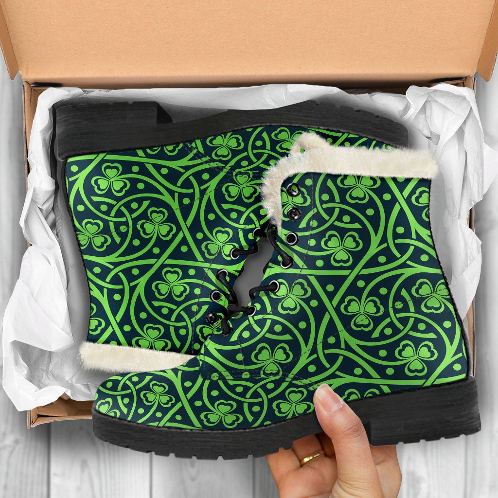 Shamrock Themed Print Faux Fur Leather Boots-JTAMIGO.COM