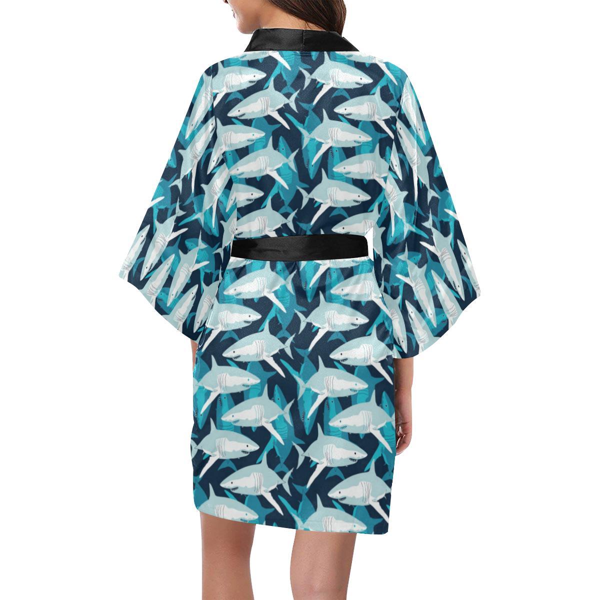 Shark Design Print Women Short Kimono Robe