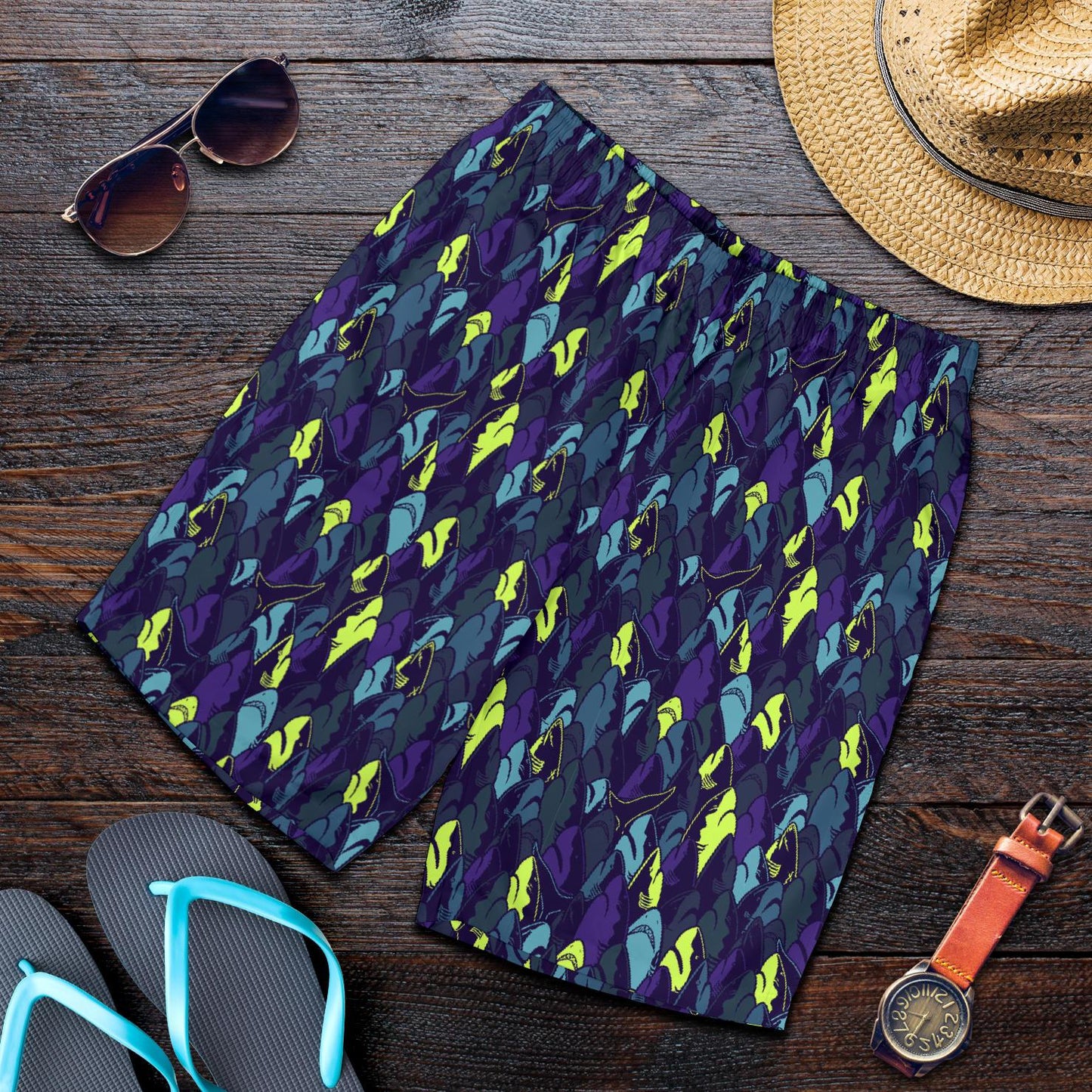 Shark Neon color Print Mens Shorts-JTAMIGO.COM