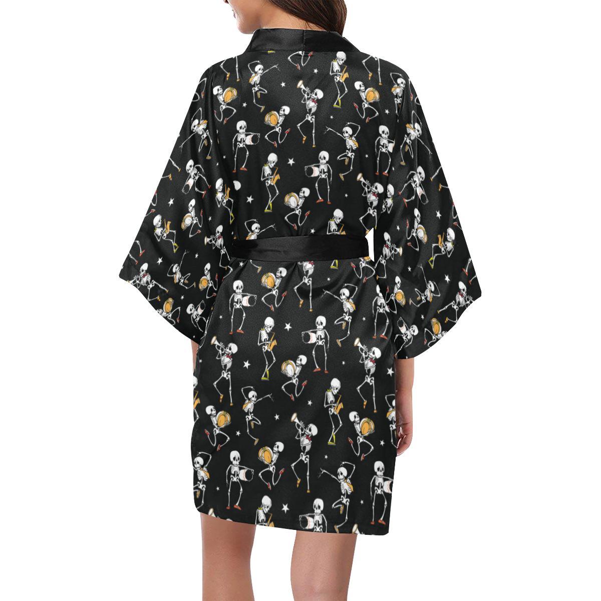 Skeleton Dance Print Women Short Kimono Robe