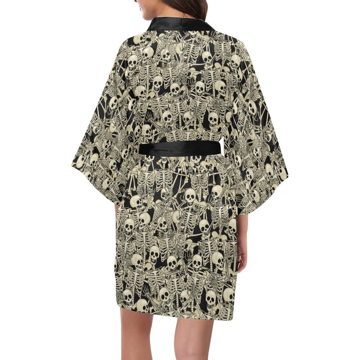 Skeleton Design Print Women Short Kimono Robe
