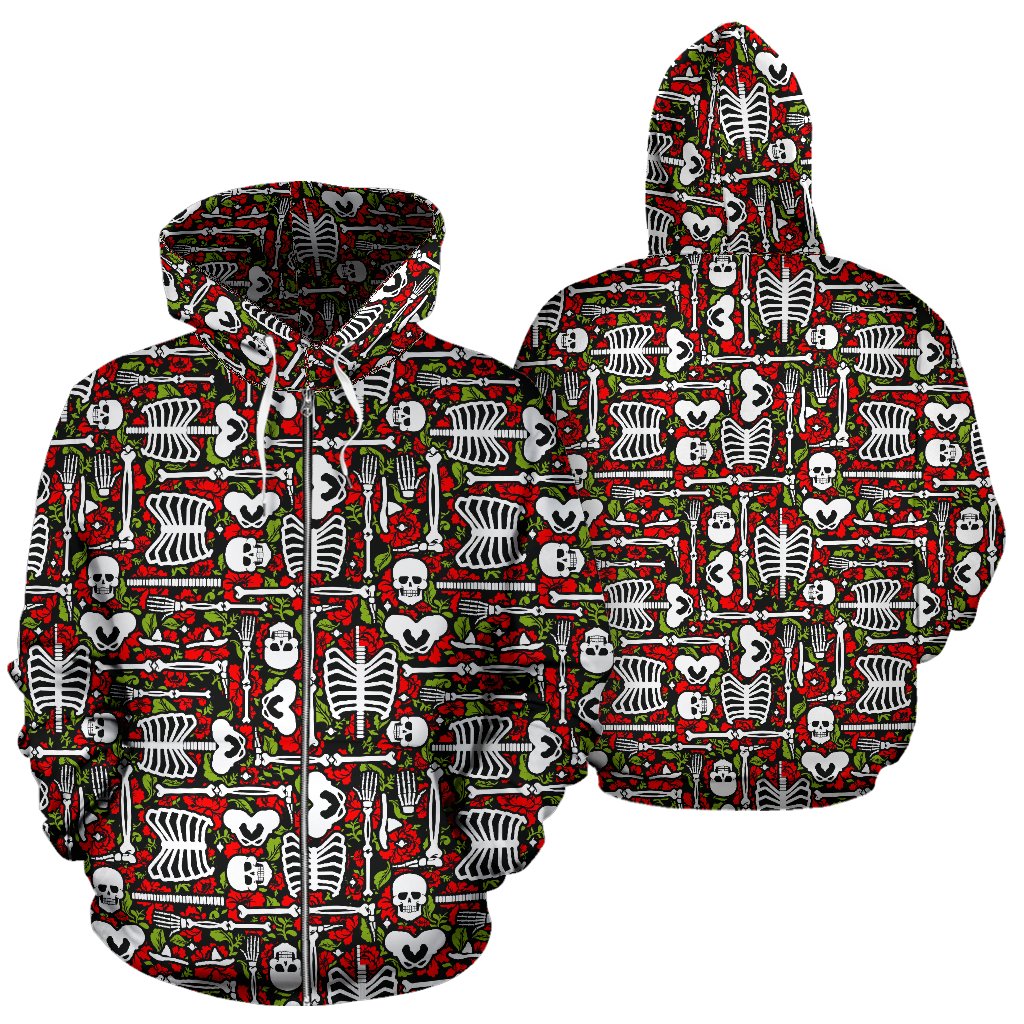 Skeleton Pattern Print Zip Up Hoodie