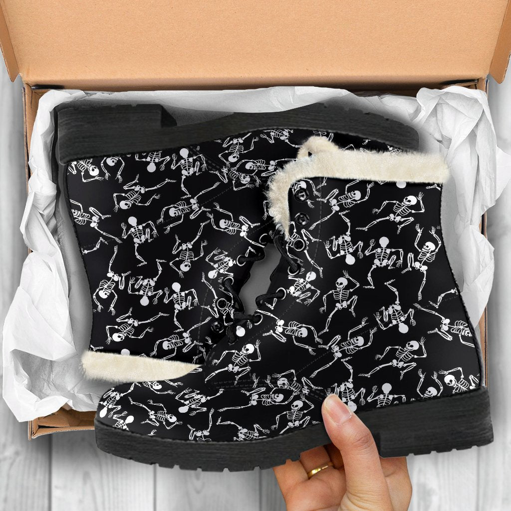 Skeleton Style Print Faux Fur Leather Boots-JTAMIGO.COM