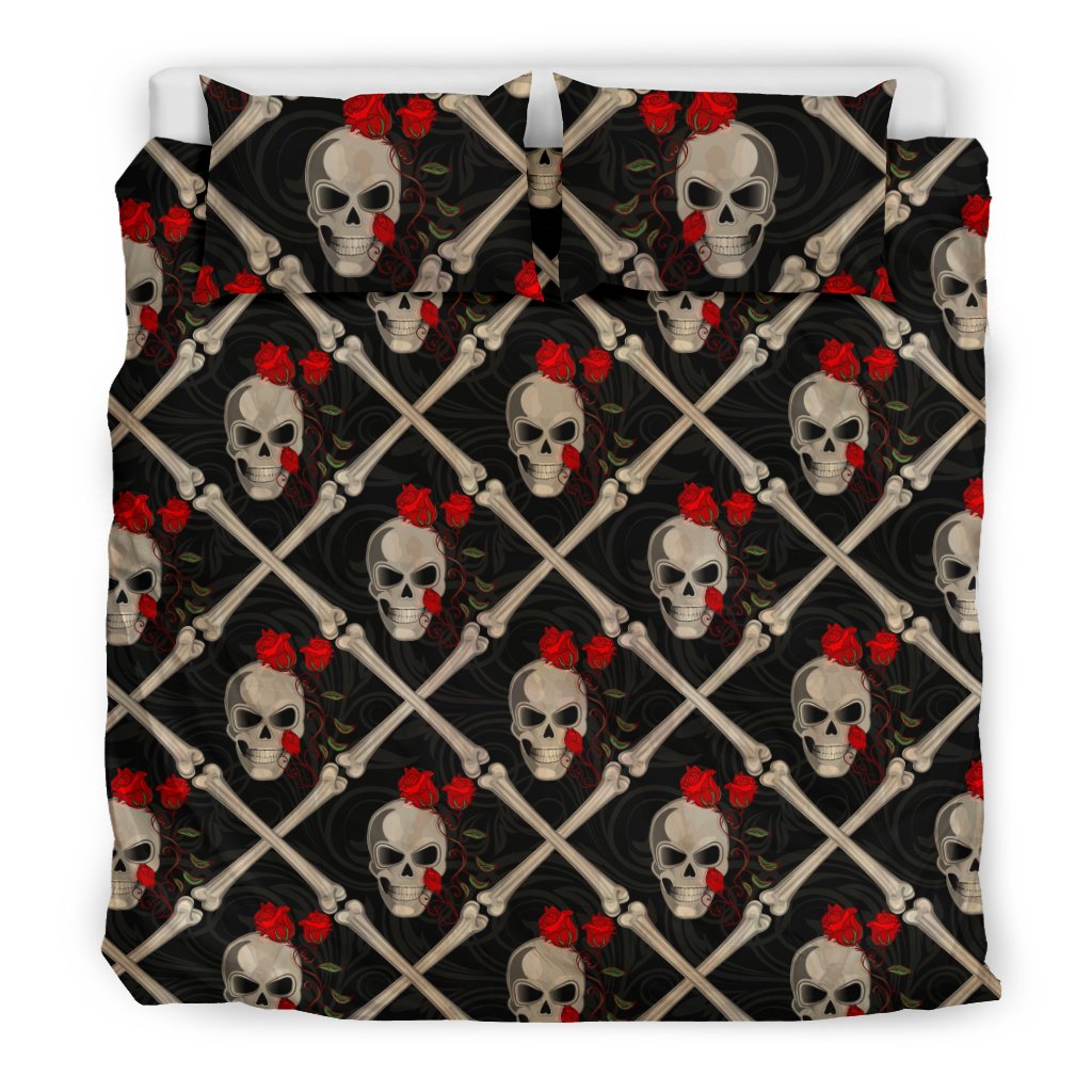 Skull Roses Bone Design Themed Print Duvet Cover Bedding Set