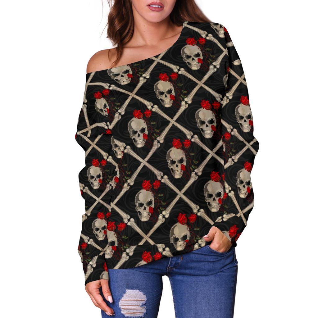 Skull Roses Bone Design Themed Print Off Shoulder Sweatshirt