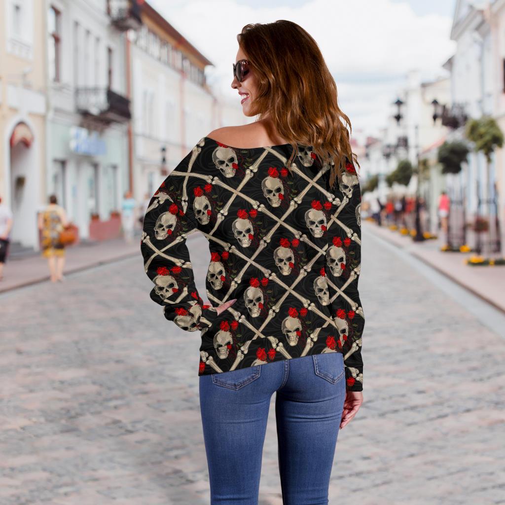 Skull Roses Bone Design Themed Print Off Shoulder Sweatshirt