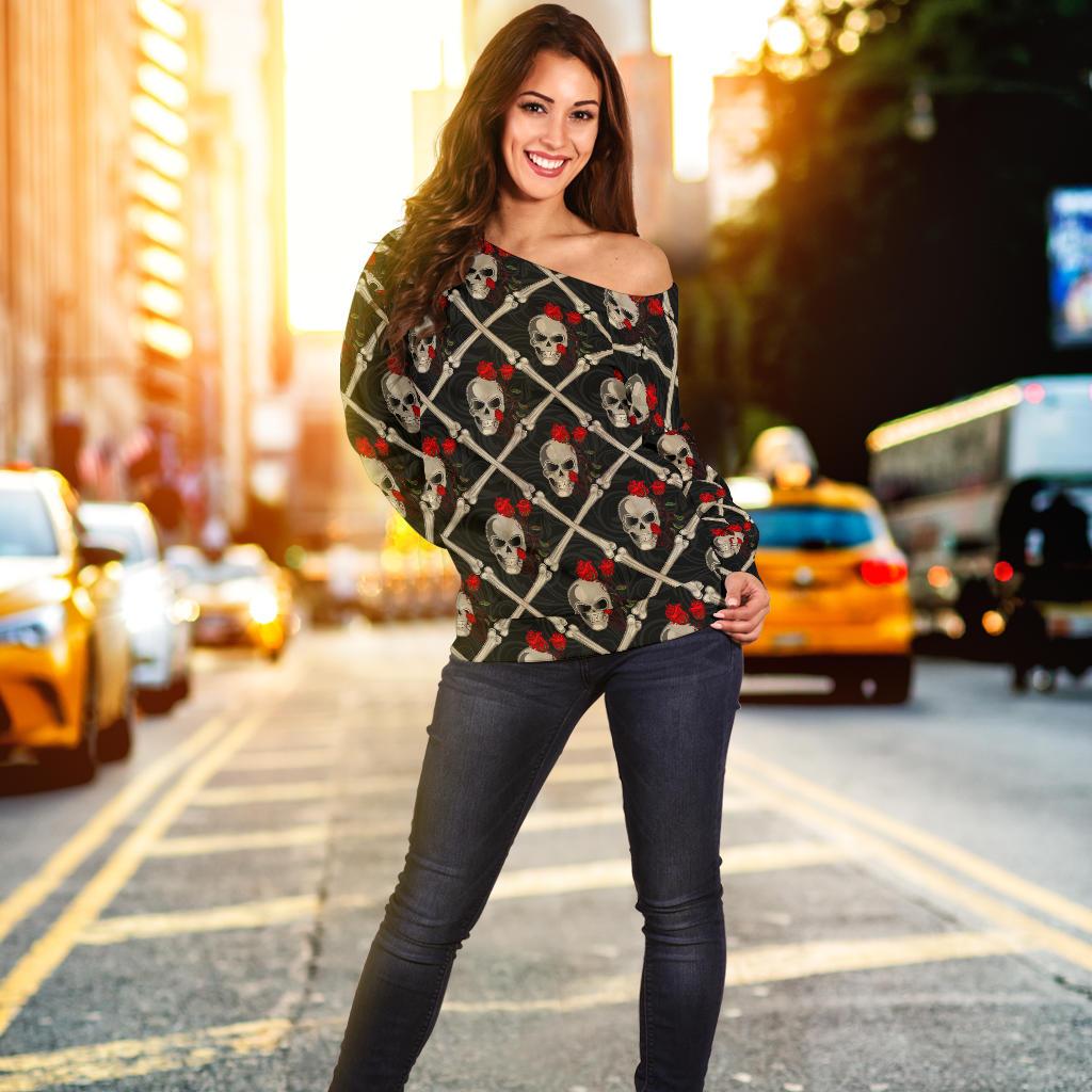Skull Roses Bone Design Themed Print Off Shoulder Sweatshirt