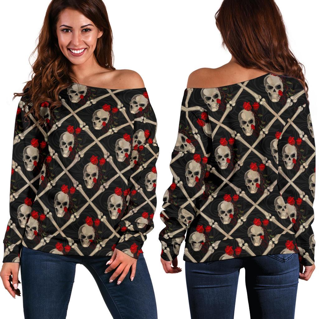 Skull Roses Bone Design Themed Print Off Shoulder Sweatshirt