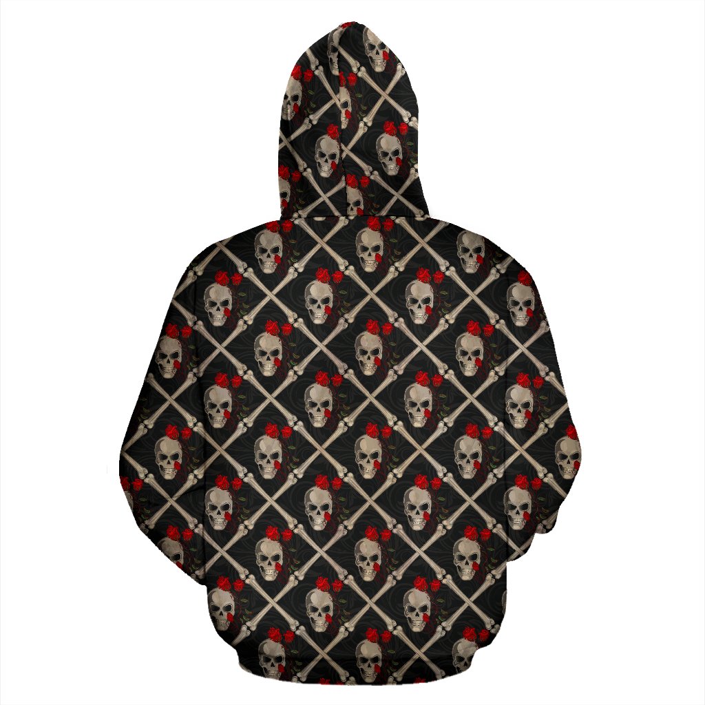 Skull Roses Bone Design Themed Print Pullover Hoodie