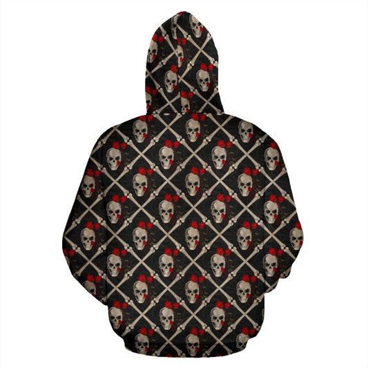 Skull Roses Bone Design Themed Print Pullover Hoodie