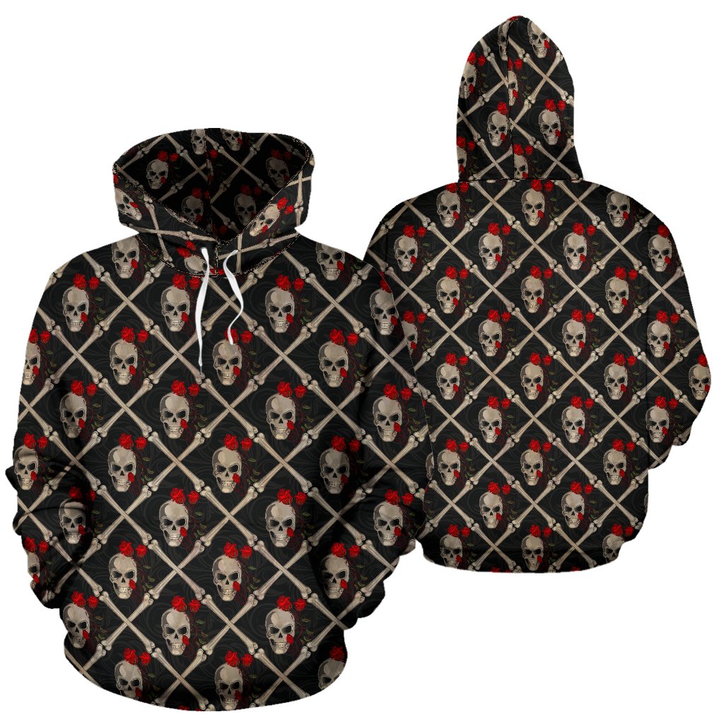 Skull Roses Bone Design Themed Print Pullover Hoodie