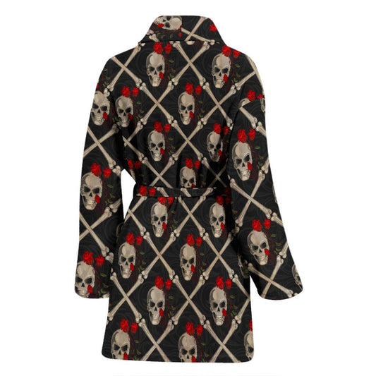 Skull Roses Bone Design Themed Print Women Bath Robe-JTAMIGO.COM