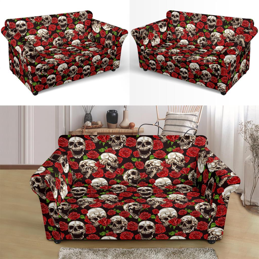 Skull Roses Design Themed Print Loveseat Slipcover-JTAMIGO.COM