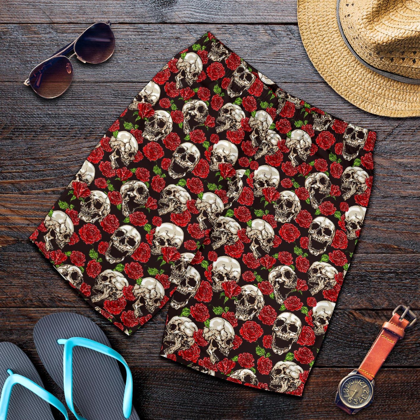 Skull Roses Design Themed Print Mens Shorts-JTAMIGO.COM