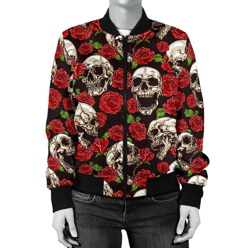 Skull Roses Design Themed Print Women Casual Bomber Jacket