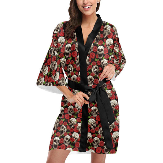 Skull Roses Design Themed Print Women Short Kimono Robe
