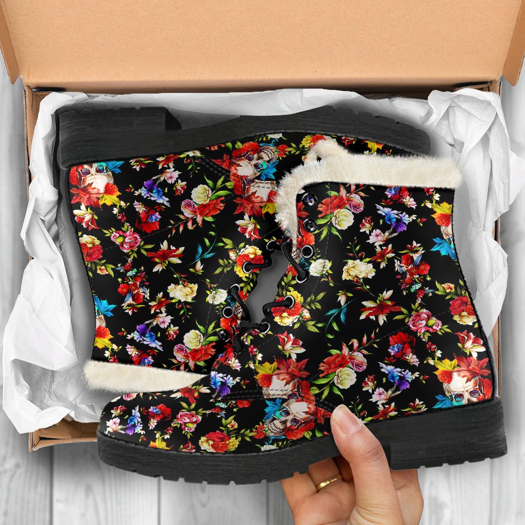 Skull Roses Flower Design Themed Print Faux Fur Leather Boots-JTAMIGO.COM