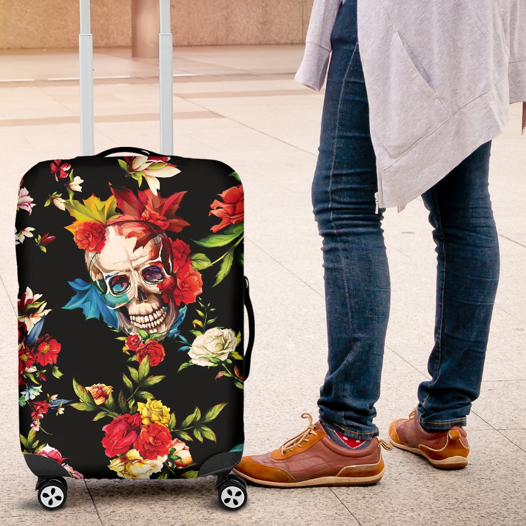 Skull Roses Flower Design Themed Print Luggage Cover Protector