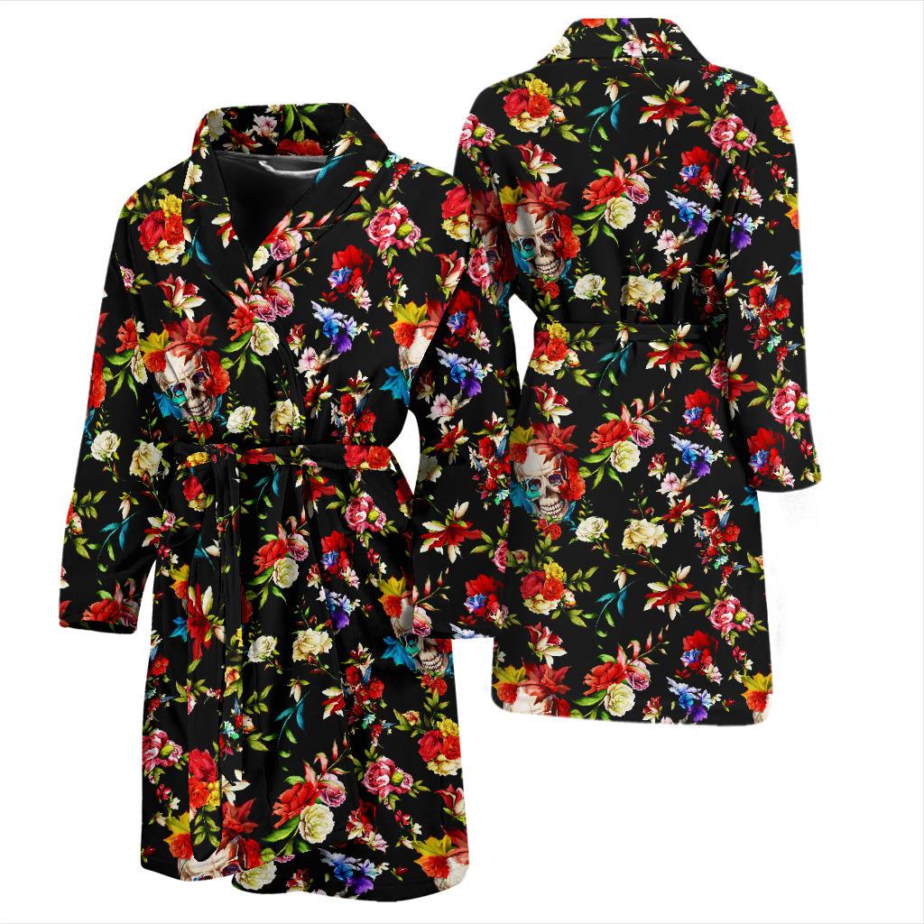 Skull Roses Flower Design Themed Print Men Bath Robe-JTAMIGO.COM