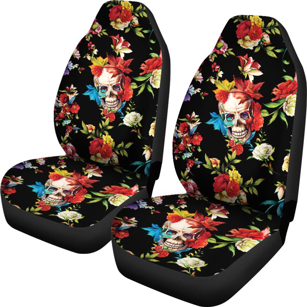 Skull Roses Flower Design Themed Print Universal Fit Car Seat Covers