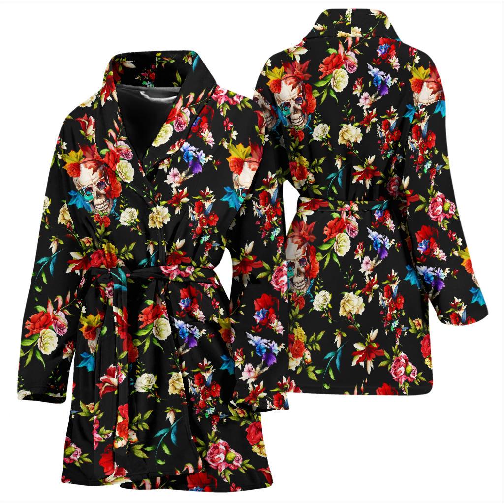 Skull Roses Flower Design Themed Print Women Bath Robe-JTAMIGO.COM