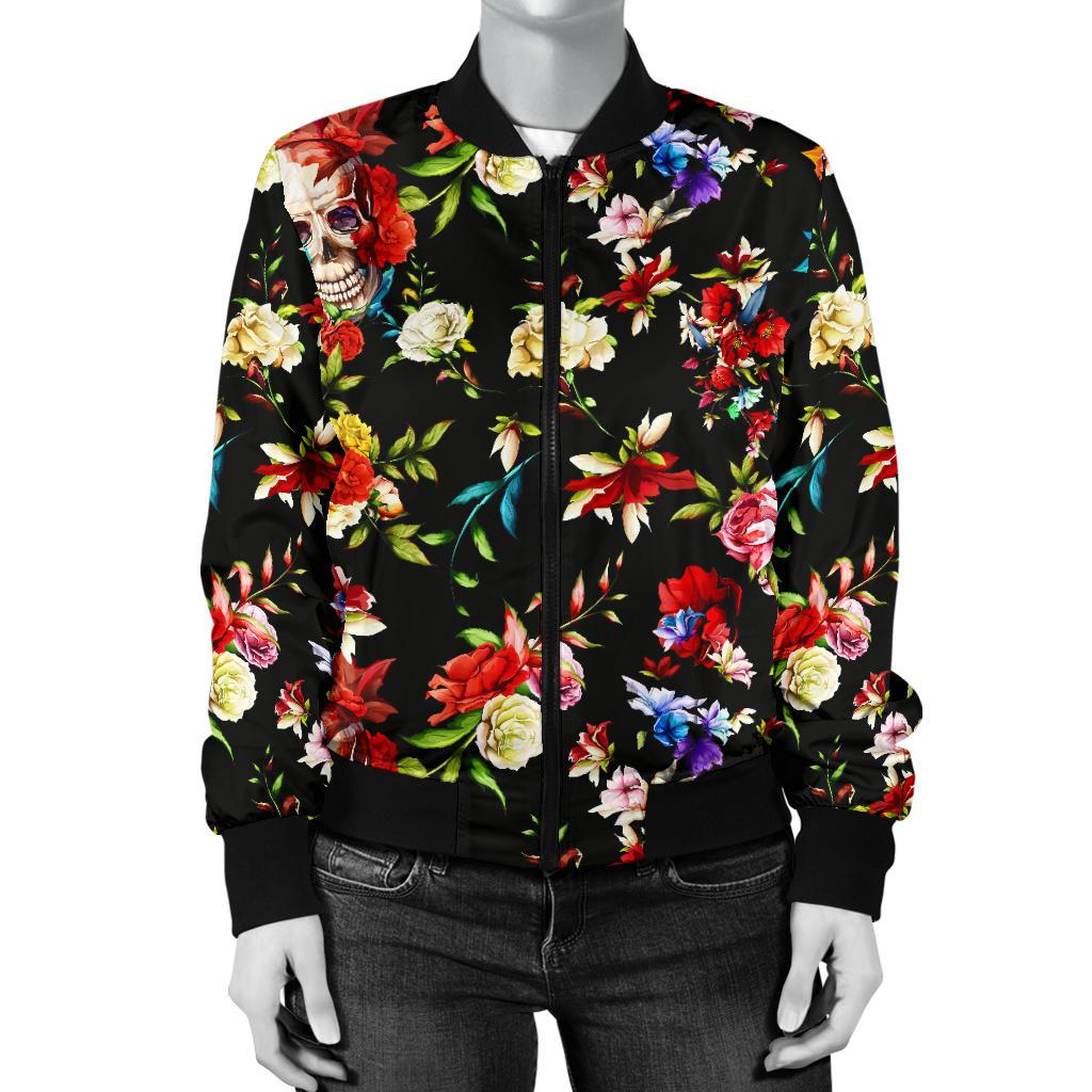 Skull Roses Flower Design Themed Print Women Casual Bomber Jacket